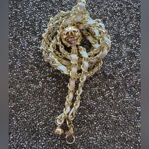 White Leather Gold Chain Ornamental Etched Ball Purse Strap, New In Bag